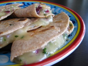 Quesadillas-whole wheat tortillas with melted cheese inbetween